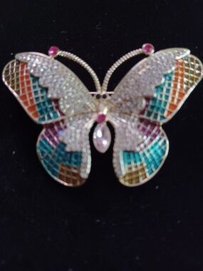 Gold-Tone Multicolor Enamel Butterfly Brooch with Crystal Accents